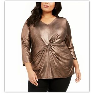 Alfani Plus Twist Front Top Sz 3X Gold Shimmer V-Neck 3/4 Sleeve Stretch $75